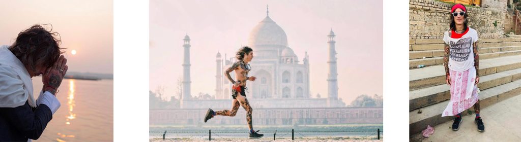 Ash immersion ceremony-puja at the Ganges. Running past the Taj Mahal. In Varanasi at Assi Ghat.